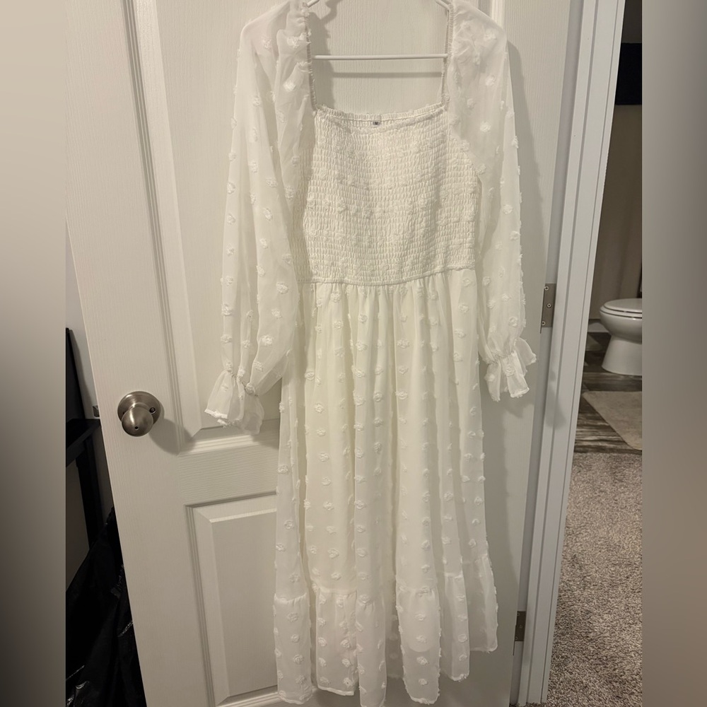 Girls White Swiss Dot Long Sleeve Dress